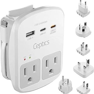 Ceptics Universal Travel Adapter Kit - 2 USB, USB-C Cord+2 US Outlets QC 3.0, Surge Protection, Plugs for Europe, UK, China, Australia, Japan - Perfect for Laptop, Cell Phones, Cameras,Safe ETL Tested