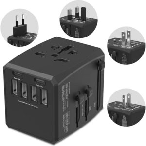Universal Travel Adapter, 6-Port 6.0A 30W International Power Adapter with 4 USB-A, 2 USB-C Ports & 1 AC Outlet, European Travel Plug Adapter Travel Essentials(Type C/G/A/I)